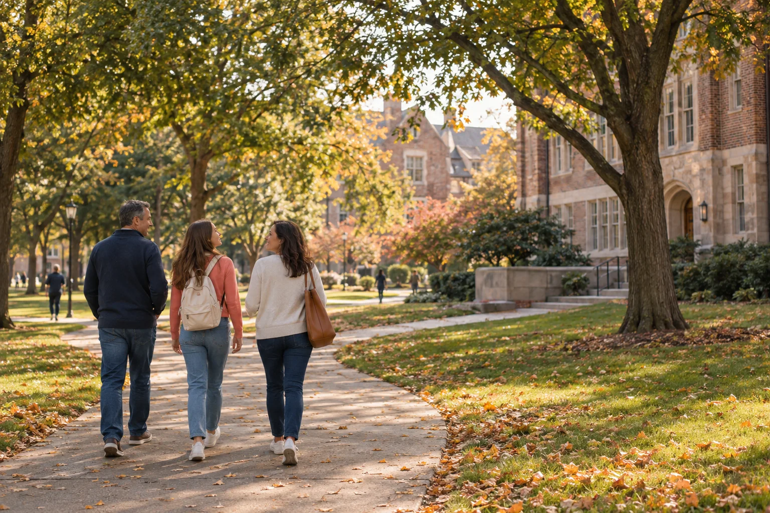 A family exploring a leafy, imagined college campus together